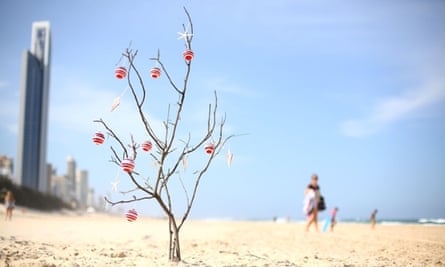 A Christmas tree on one of the iconic beaches of the Gold Coast, Queensland.