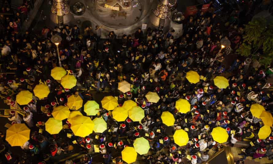 Protesters' yellow umbrellas seen from above in Causeway Bay, Hong Kong.