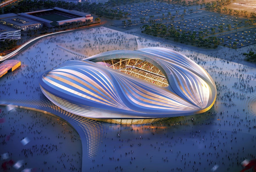 A computer generated image of Zaha Hadid's  Al-Wakrah stadium, to be built for the 2022 Qatar World Cup.