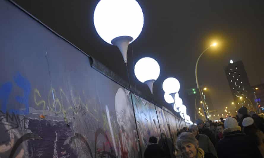 Some of the 7,000 light balloons placed along the course of the Berlin Wall and released to celebrate the 25th anniversary of its fall.