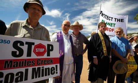 Religious leaders protest at the entrance to a coal mine at Maules Creek in New South Wales, Australia. Pictured left to right, Rev Rex Graham, Fr Ron Perrett, farmer Rick Laird, Shaku Jo’on Greeg Heathcote and Rev John Brentnall