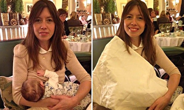 Louise Burns breastfeeding her baby while having tea with her family – and with the napkin she was t