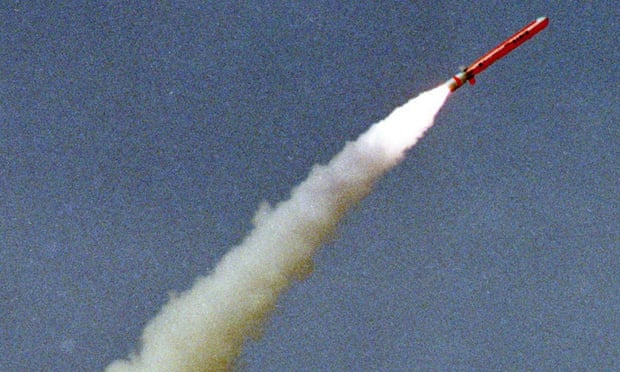 The Pakistani ballistic missile Babur or Hatf VII being test fired at an undisclosed location in 2007.