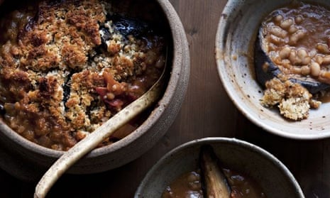 Nigel Slater's crusty aubergine 'cassoulet' in earthenware bowls