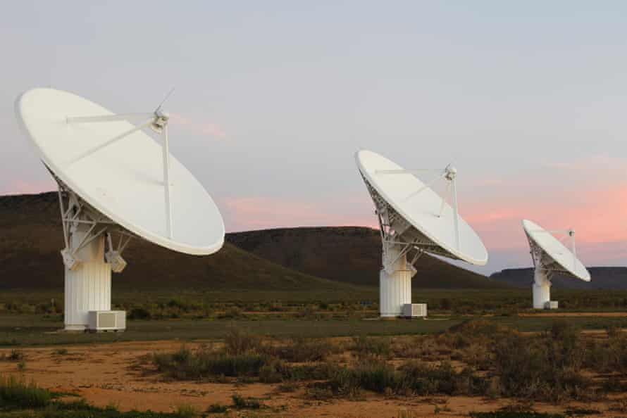 Radio telescope dishes of the KAT-7 Array at the proposed South African site for the Square Kilometre Array (SKA) telescope near Carnavon