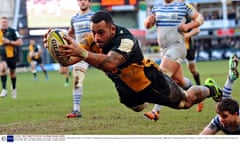 Northampton's Samu Manoa barges his way over to score the first of his two tries against Saracens.