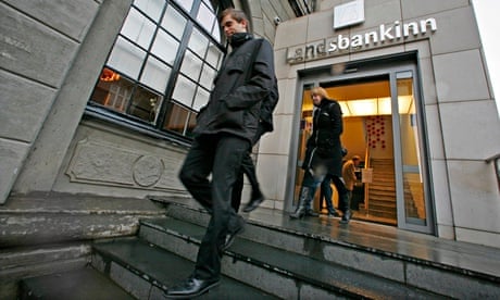 Customers leave Landsbanki branch