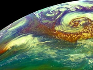 A satellite image from Eumetsat shows storms hitting the UK with severe flooding, heavy snowfall and major damage.