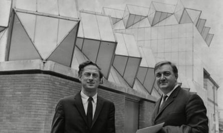 Style for the job … James Gowan, left, with James Stirling in front of the Leicester Department of Engineering. Photograph: REX/Douglas Hess/Associated Ne