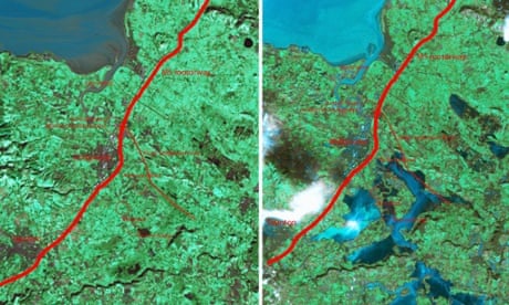 Satellite photos of the River Parrett on the Somerset Levels taken before the recent flooding and on 8 February.