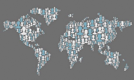 World map. Social media concept. Composed from many people silhouettes,