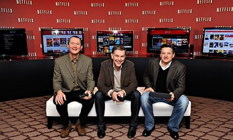 Neil Hunt, Reed Hastings and Ted Sarandos Netflix pose during the Netflix UK launch in London. The c
