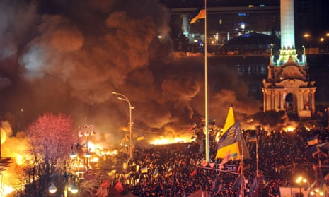 An elevated view of Kiev's Independence Square this evening.