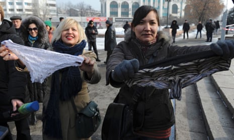 Women during a protest against the ban of lace underwear in Almaty, Kazakhstan.