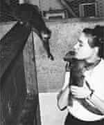 Alison Jolly in 1961, with a lemur and a kinkajoo