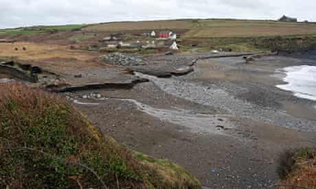 Storm damage at Abereiddi, a National Trust coastal property in Pembrokeshire, Wales