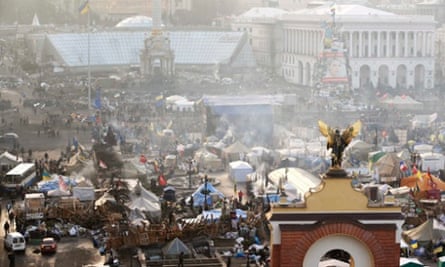 An aerial view shows the anti-government protesters camp in Independence Square in central Kiev