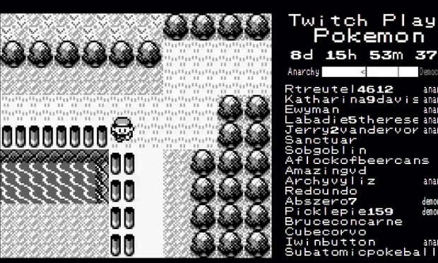 A black-and-white image from the game Twitch Plays Pokémon