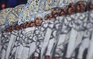 Performers take part in the Closing Ceremony of the Sochi Winter Olympics at the Fisht Olympic Stadium.