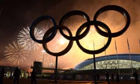 Fireworks explode around the Fisht Olympic Stadium at the end of the Closing Ceremony of the Sochi Winter Olympics.