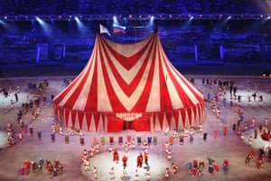 A circus tent is being raised during the Closing Ceremony of the Sochi 2014 Olympic Games at the Fisht Olympic Stadium, Sochi, Russia.