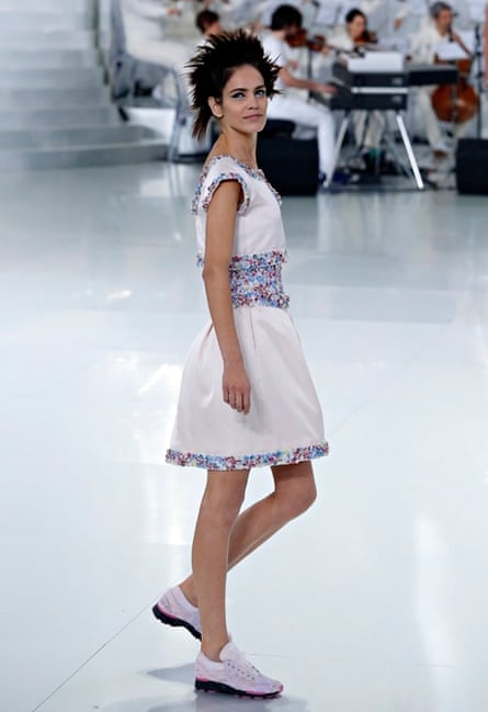 a model in lace-up sneakers at Chanel's haute couture show in Paris in January