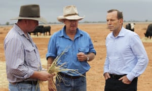 Prime Minister Tony Abbott meets with outback grazier Phillip Ridge on his property named "Jandra" near Bourke in western New South Wales.