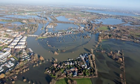 Aerial view of flood waters in Chertsey, Surrey