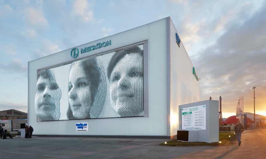 Digital Mount Rushmore … Asif Khan's MegaFaces pavilion in Sochi displays visitors' faces in three-dimensions across its facade.
