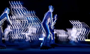 Rollerskaters perform during the Opening Ceremony of the Sochi 2014 Winter Olympics.
