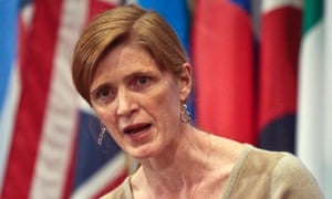 Samantha Power, US Ambassador to the UN, speaks during a news conference after a private UN Security Council meeting on the Ukraine.