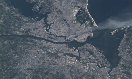 The 9/11 attack seen from space, showing smoke drifting out over New York