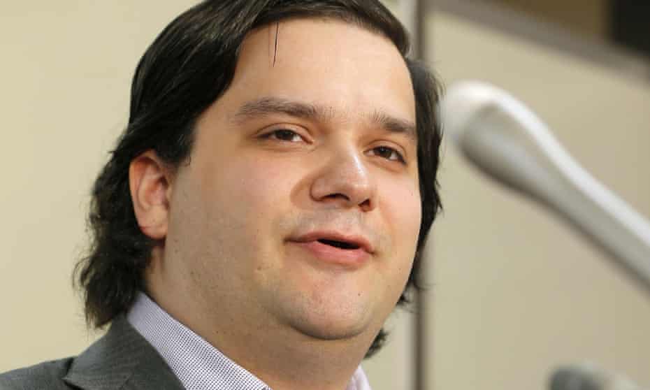 Mt. Gox CEO Mark Karpeles speaks at a news conference at the Justice Ministry in Tokyo.