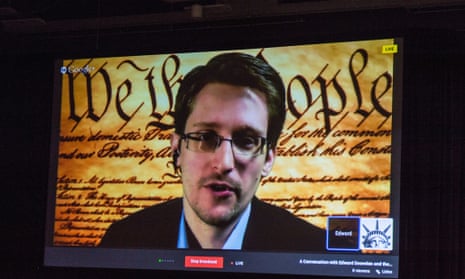 Edward Snowden speaks via Google Hangouts at SxSW in Austin, Texas.