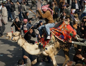 A supporter of embattled Egyptian president Hosni Mubarek rides a camel through the melee during a clash between pro-Mubarak and anti-government protesters in Tahrir Square on February 2, 2011 in Cairo, Egypt. The previous day, Mubarak announced that he would not run for another term in office, but would stay in power until elections later this year. Thousands of supporters of Egypt's long-time president and opponents of the regime then clashed rthe next day in Tahrir Square, throwing rocks and fighting with improvised weapons.