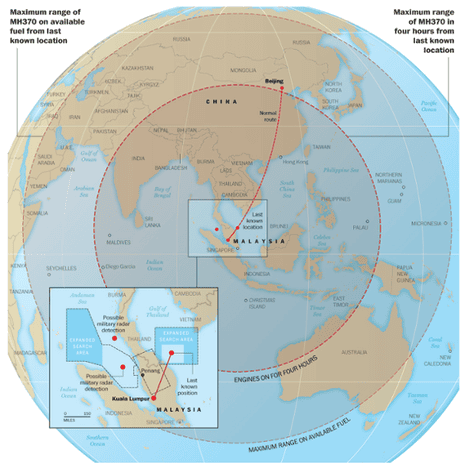 Map showing how far a Boeing 777 such as MH370 could fly from its last known position.