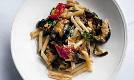 Baked aubergine penne pasta in a bowl by Nigel Slater