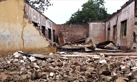 A students' hostel in Yobe state destroyed in a Boko Haram gun and explosives attack