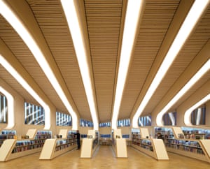 Vennesla Library, Library, Europe, Norway, , 2012, Helen & Hard. View of interior at dusk.