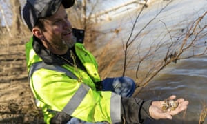 Fisherman Morris Lawson holds a handful of the shells of dead mussels pulled from the bottom of the Dan River in Danville. On Feb. 2, 2014, a 48-inch storm water pipe broke and between 50,000 and 82,000 tons of toxic coal ash flowed into the river. 
