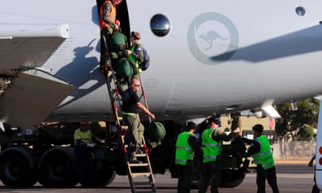 Royal Australian Air Force crew members from an AP-3C Orion arrive back in Perth after completing the first search mission to an area where possible debris from the missing Malaysia Airline was detected. The mission failed to locate any debris.