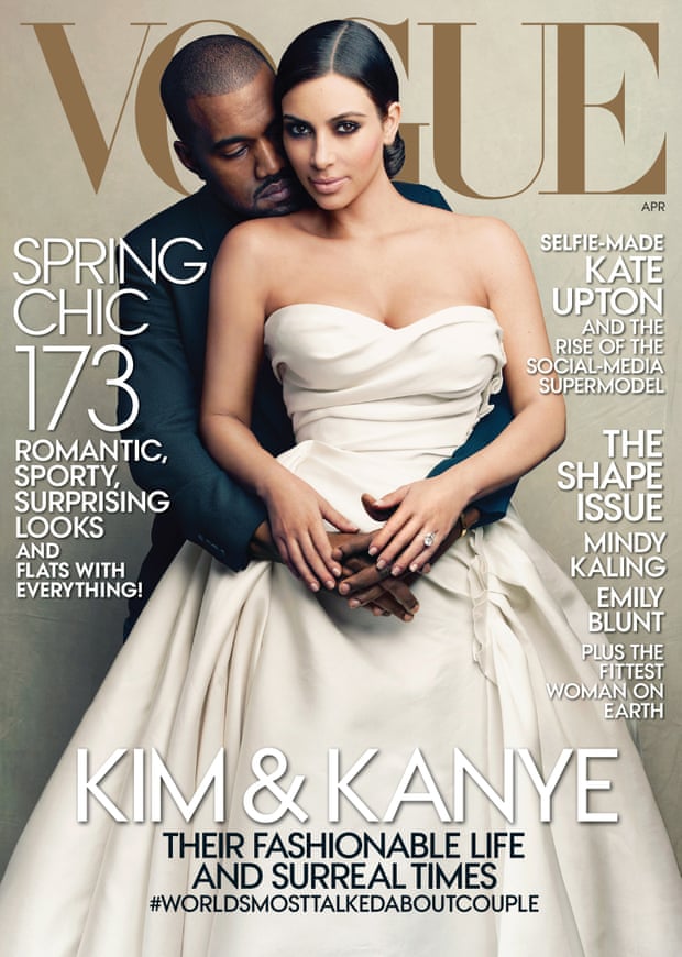 This cover image taken by Annie Leibovitz for Vogue shows the April 2014 issue of the fashion magazine featuring rapper Kanye West and TV personality Kim Kardashian.