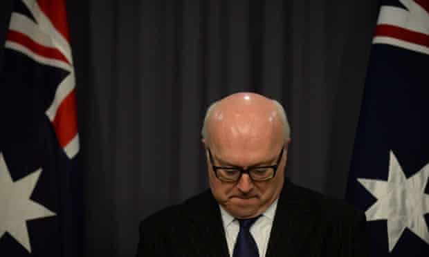 George Brandis at a press conference at Parliament House in Canberra.