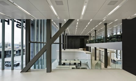 Staggered section … the shifted floor plates allow views through between departments.