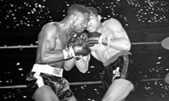 Davey Moore (left), defending featherweight champ, and Sugar Ramos trade punches in Los Angeles, 21 March 1963