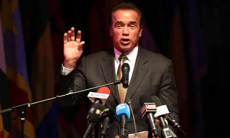 Former U.S. governor of California Arnold Schwarzenegger speaks during the opening ceremony of the African Conference on Green Economy in Oran 