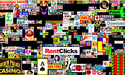 A portion of the Million Dollar homepage with dead links blacked-out.