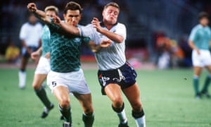Paul Gascoigne battles for the ball with West Germany's Klaus Augenthaler.
