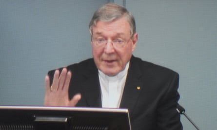 A still from the webcast live feed of Pell giving evidence.
