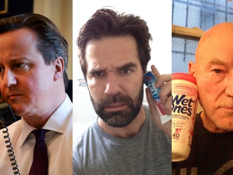 David Cameron, Rob Delaney and Patrick Stewart on a 'conference call'